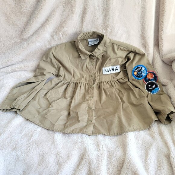 Buzz Aldrin NASA Peplum Blouse Space Top Button Front Tan Girls Size Small - Picture 1 of 9